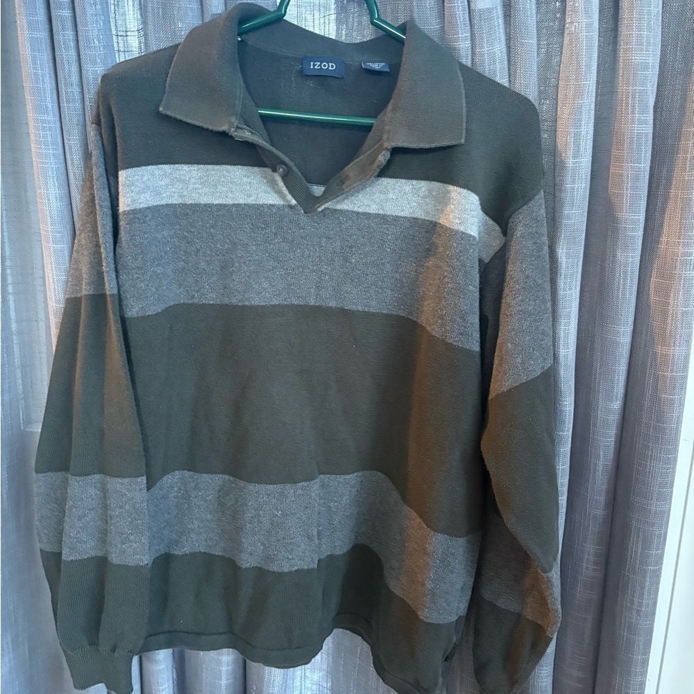 Izod Men's Olive and Gray V-Neck Sweater polo shirt size L 100% cotton top
